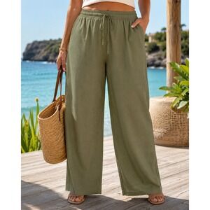 Esmara Linen Blend Pants Plus Size 24 Olive Wide Leg NWT Drawstring Pockets